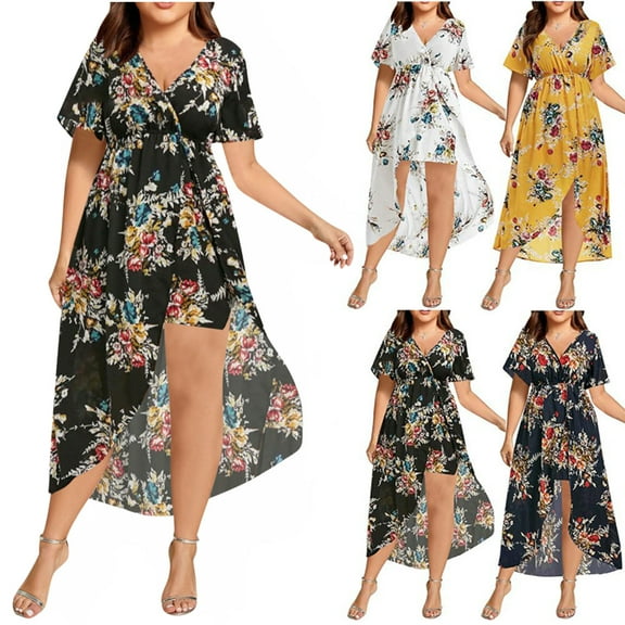 Lenago Plus Size Summer Dresses for Women 2022 Boho Flower Print High Low Maxi Dress V-Neck Short Sleeve Dresses for Party Casual on Clearance