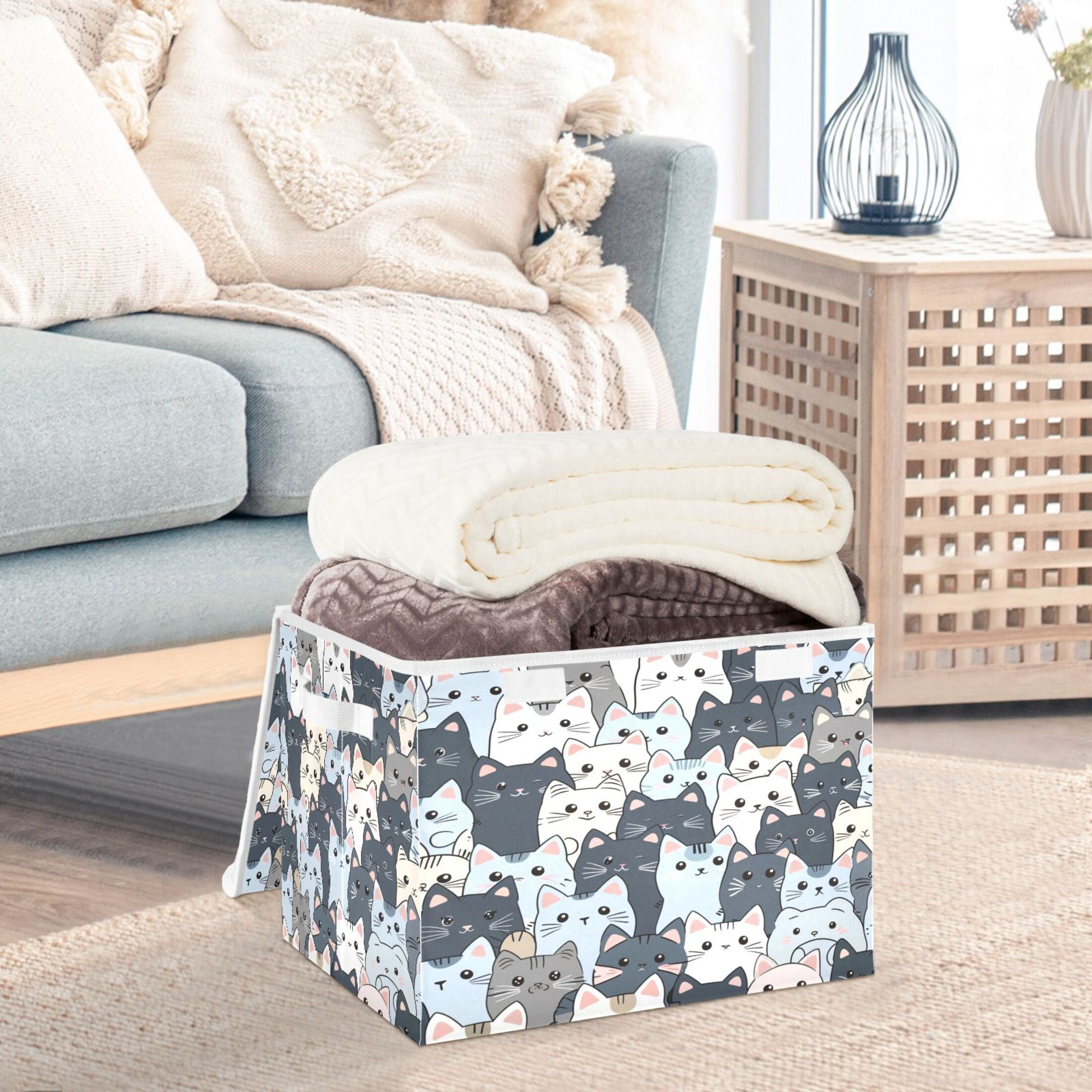 Ryvnso Cute Doodle Cats Large Lidded Foldable Storage Baskets Cubes Boxes Lids Bin for Home