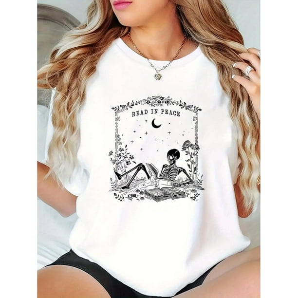 Camiseta informal con estampado de calavera para mujer: cómoda camiseta de manga corta con cuello redondo, mezcla de algodón elástico, lavable a máquina, perfecta para verano y para practicar deportes