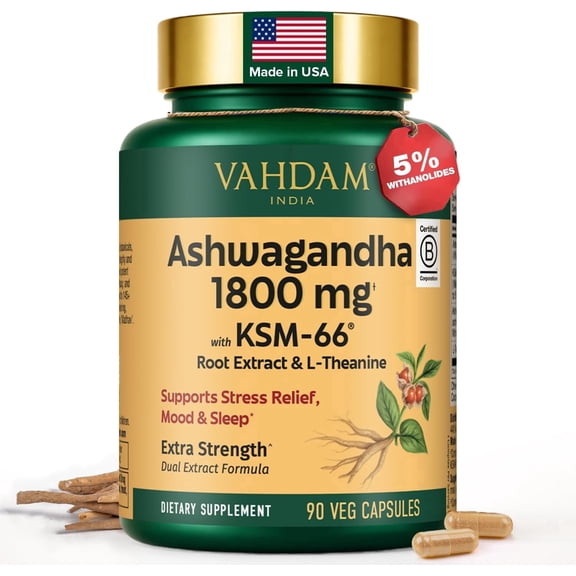 VAHDAM Ashwagandha Supplement 1800mg with Ashwagandha Root Extract and L-Theanine | Support Stress Relief, Mood and Sleep | 90 Capsules