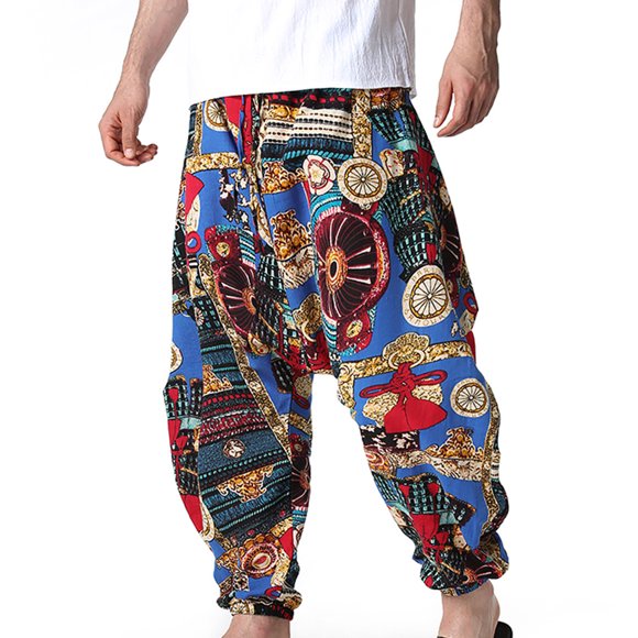 Virmaxy Men's Yoga Pants Haren Fashion Retro Printed Crotch Hanging Pants Mid Waist Linen Lantern Pants Multicolor S