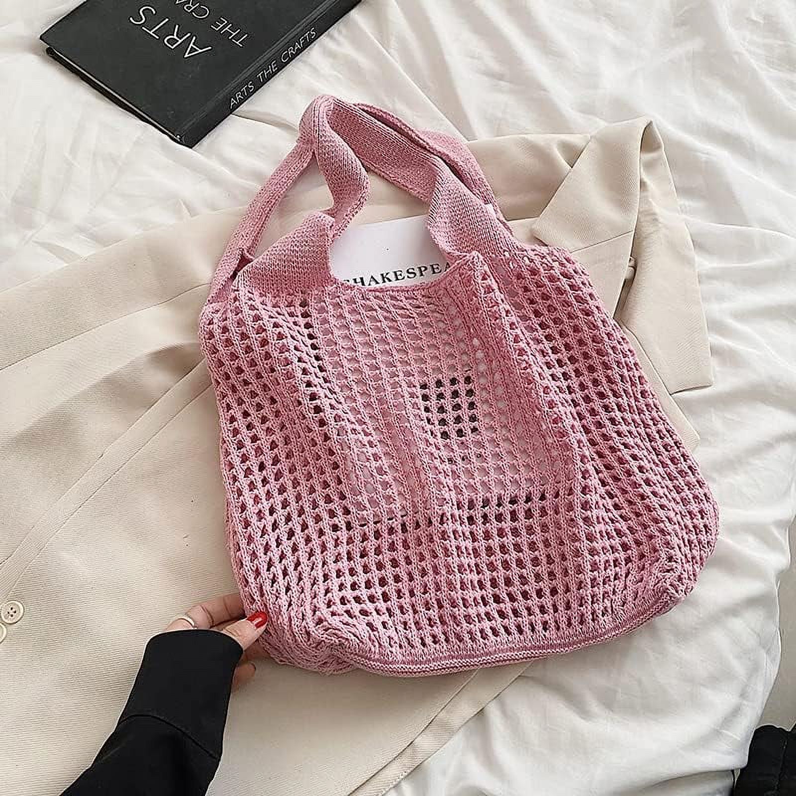 LinYooLi Crochet Tote Bag, Cute Boho Knit Tote Bag Aesthetic Y2K Large Crochet Beach Bag Shoulder Bag Handbag