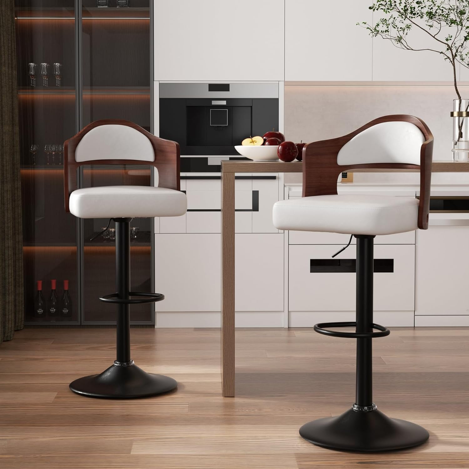 Hawsaiy Wooden Bar Stools Set of 4, Adjustable Height 24.5-33.5IN, Wooden Bar Chairs with PU Leather Upholstery, Back & Footrest for Kitchen, Dining, and Home Bar