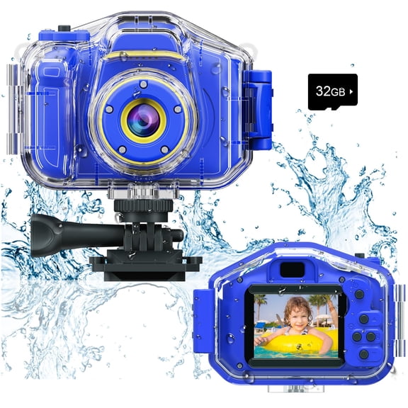 Cámara impermeable para niños Agoigo HD 5 MP 1080P 32 GB con funda azul oscuro