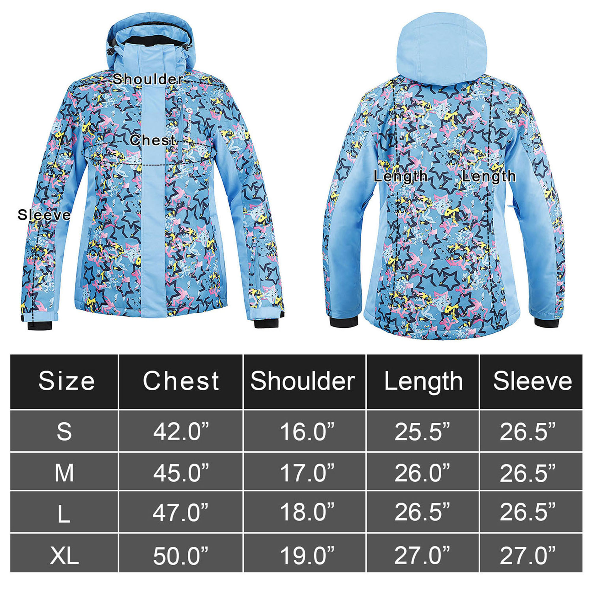 Simplicity Women's Winter Ski Jacket with Zip-Off Hood,Retro Blue Starbursts,M - image 4 of 4