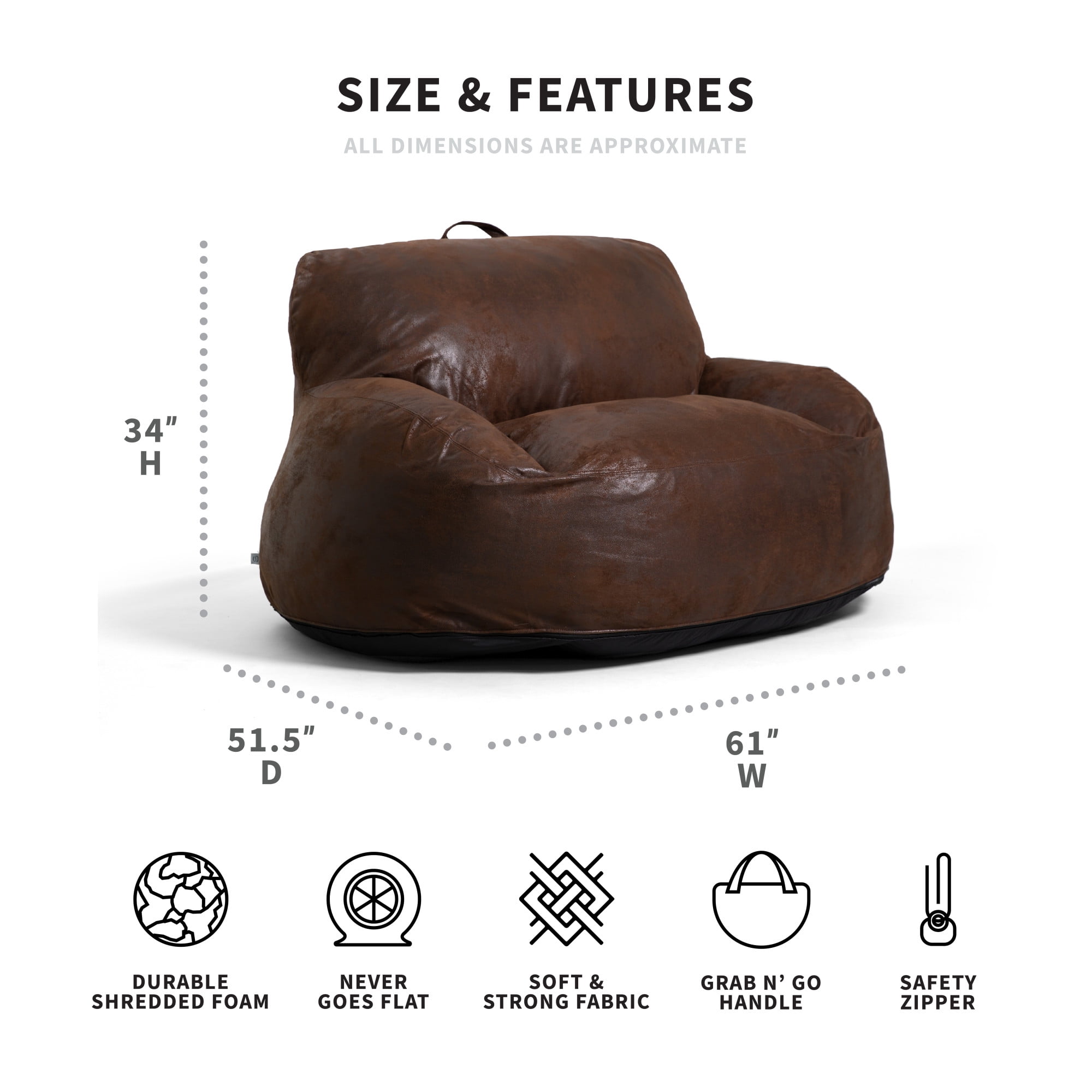 Big Joe Nestle Bean Bag Sofa, Espresso Blazer, Vegan Leather, 5 Feet