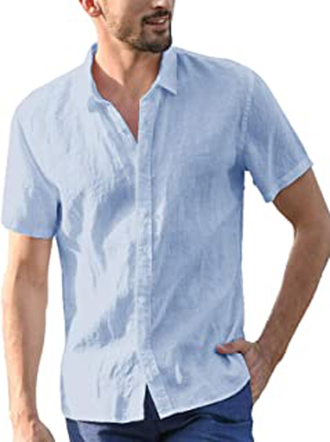 Men Linen Shirts Short Sleeve Big and Tall Regular Fit Fashion Pure Buttons Casual Summer Beach Tops 