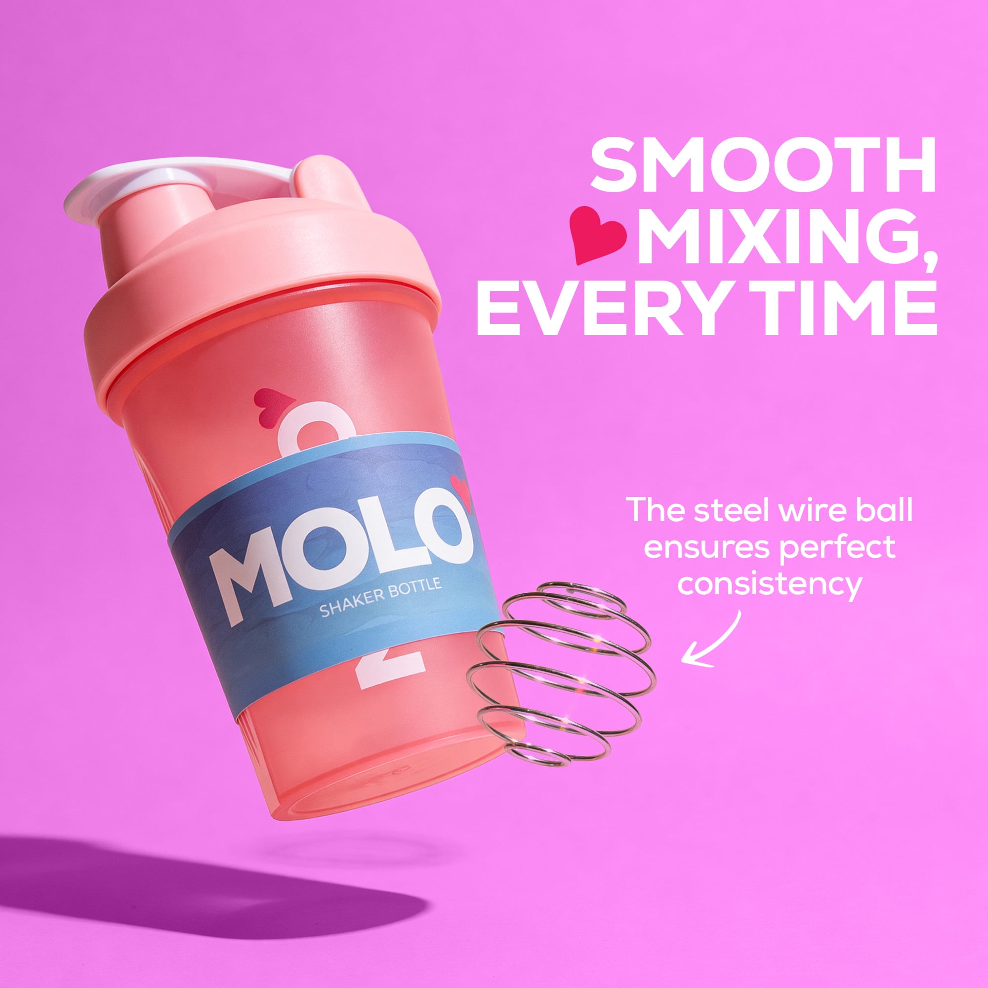 Molo 12 oz Shaker Bottle with Stainless Steel Whisk Blender Ball, BPA and Phthalate Free, Dishwasher Safe, Leak Proof Lid, For Protein, Pre Workout, & Other Supplements (Pink)