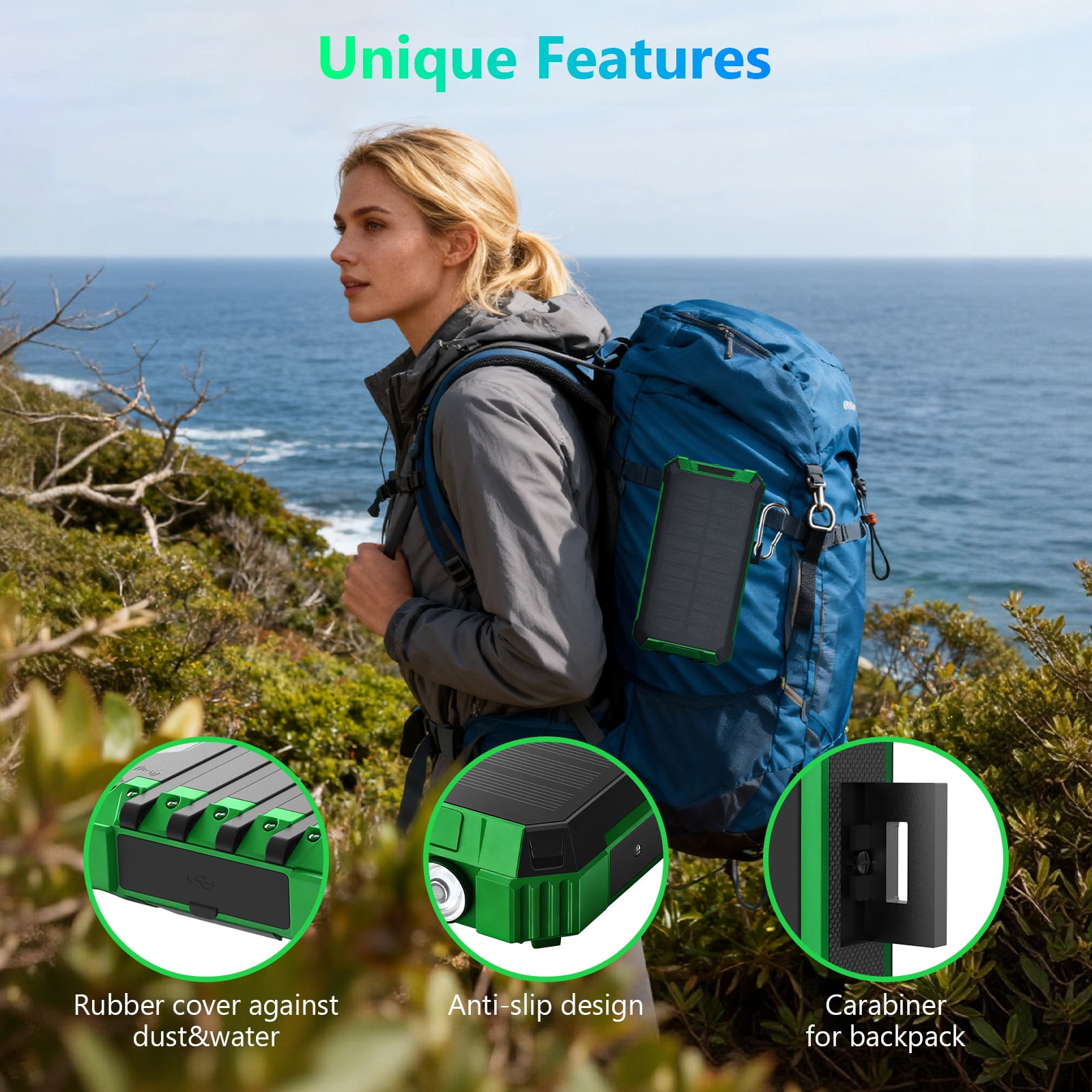 CATGOOD 20000mAh Solar Power Bank, 22.5W Fast Charging Portable Charger with 4 Built-in Cables & 10W Wireless Charging, Travel Battery Pack with Camping Flashlight(Green)