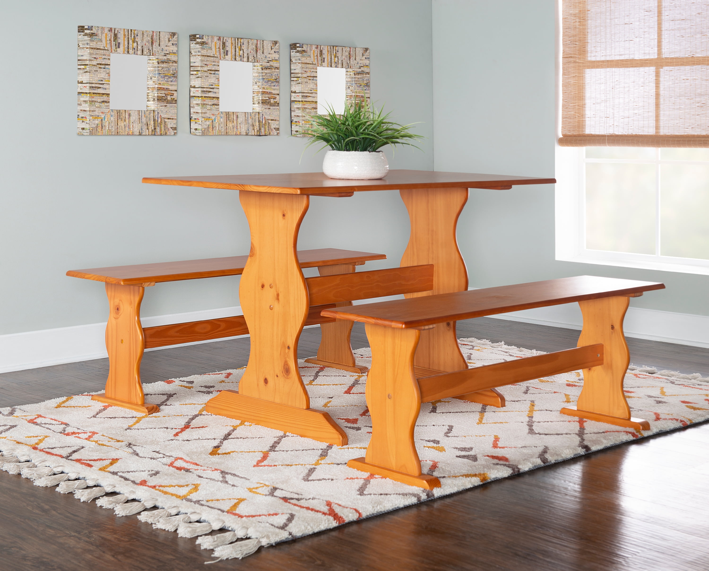 Linon Varden Nook Dining Table, Farmhouse Trestle Base, Solid Pine, Honey Finish, Compact 4-Person Seating