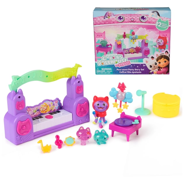DreamWorks La Casa de Muñecas de Gabby La Película, Set de Historia Fiesta Paw-Some con DJ Catnip, 2 Figuras de Gato Borrador y Accesorios, Juguetes para Niñas y Niños de 3 Años en Adelante
