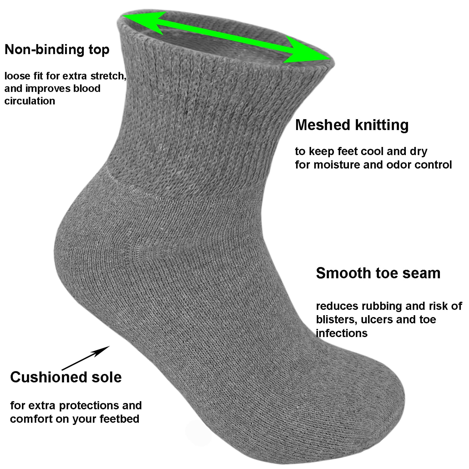 Glory Max 12 Pairs Men's Women's Diabetic Circulatory Ankle Quarter Gray Cotton Socks Size 9-11