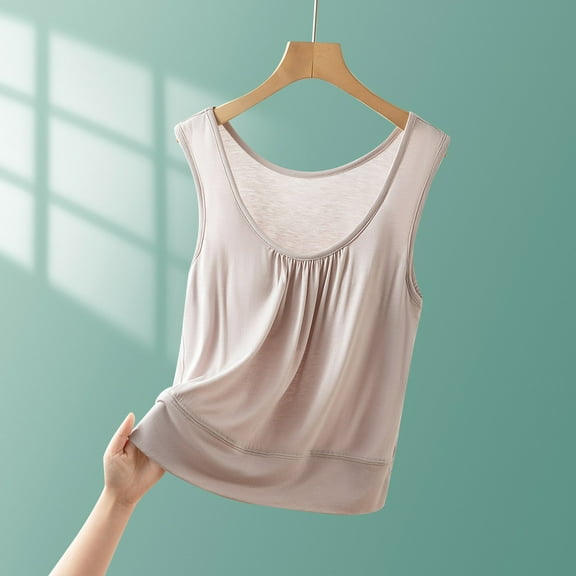 Jjayotai Tank Top with Built In Bra for Women, Womens Tank Tops with Built in Bra, Front Pleated Yoga Workout Sleeveless Shirts, Summer Loose Fit Camisole Top Beige^ L