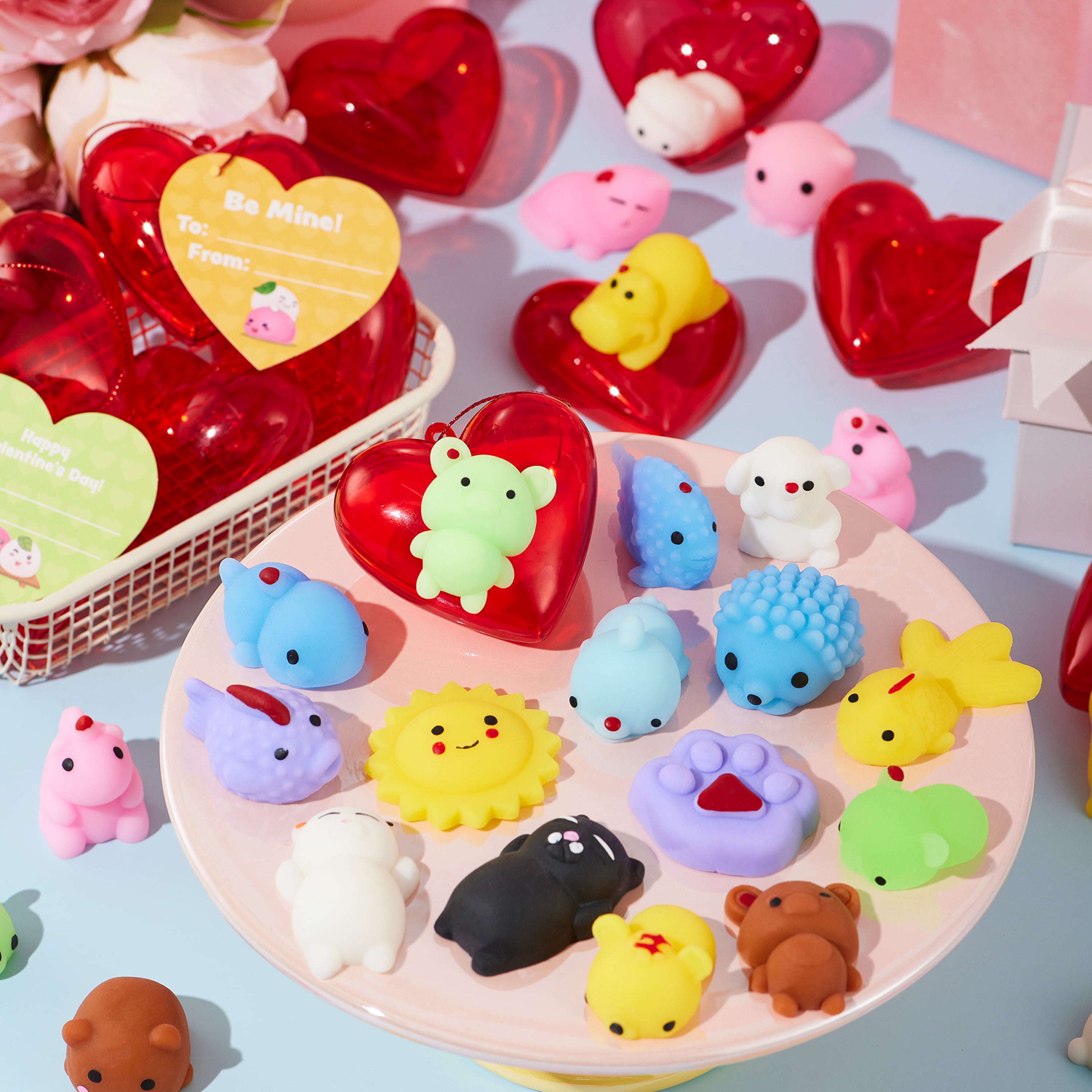 Joyfy 28 Packs Valentines Gifts for Kids, Stress Relief Mochi Squishy Toys Filled Hearts for Kids Classroom Exchange Cards Gifts, Valentines Party Favors