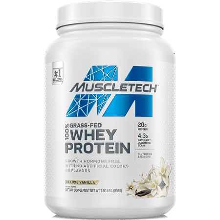 Muscletech Grass-Fed 100% Whey Protein Powder, Deluxe Vanilla, 20g Protein, 1.8 lbs, 23 Servings