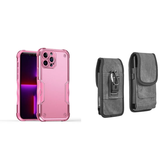 Case with Belt Holster Bundle for iPhone 14 Pro Max: Slim EX Hybrid Series Shockproof Case (Pink) and Vertical Rugged Denim Nylon Phone Pouch