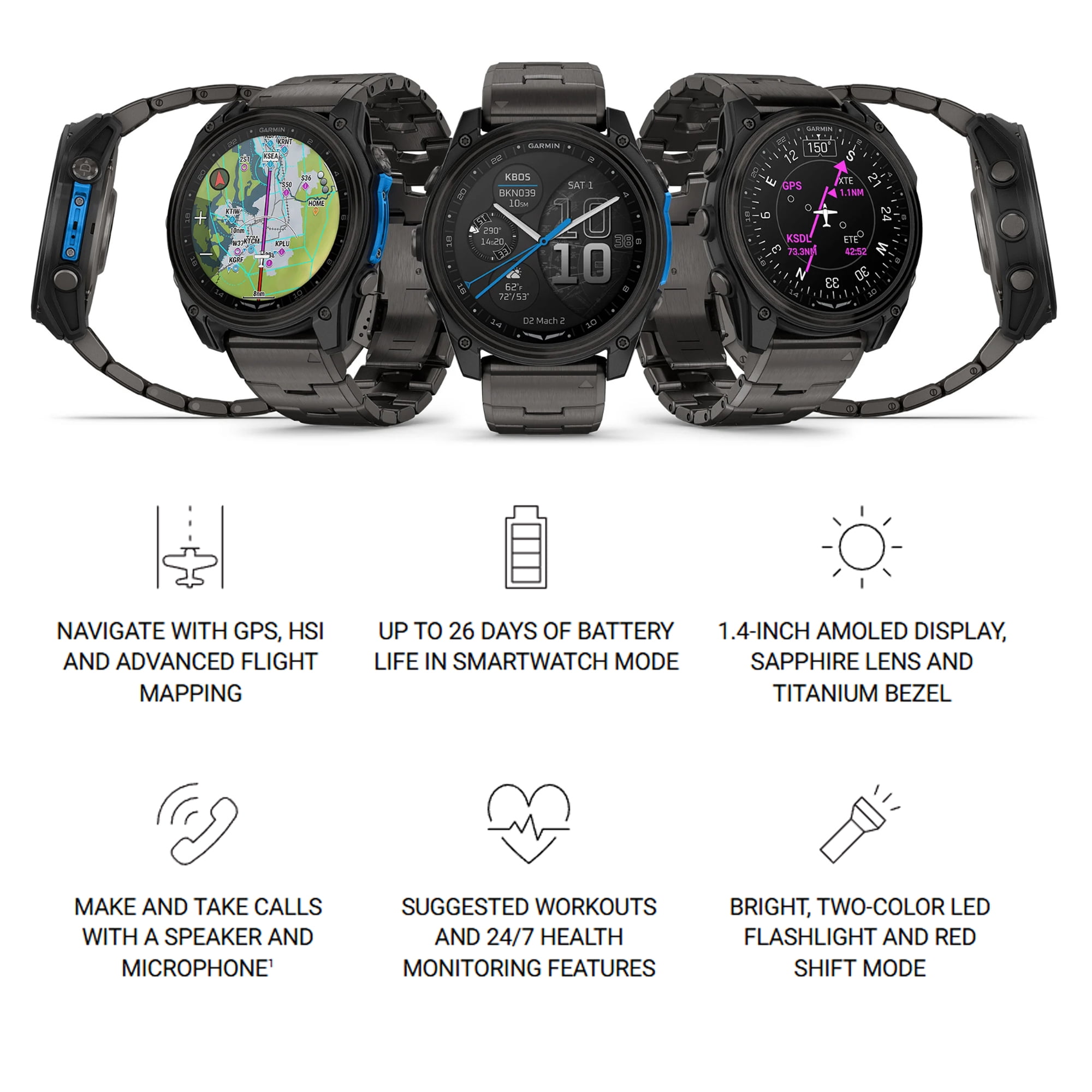 Garmin D2 Mach 2 Aviator Smartwatch, 51mm AMOLED Touchscreen, GPS Moving Map with Aviation Weather, Sapphire Lens, Built-In Flashlight, Carbon Gray DLC Titanium with Vented Bracelet Bundle