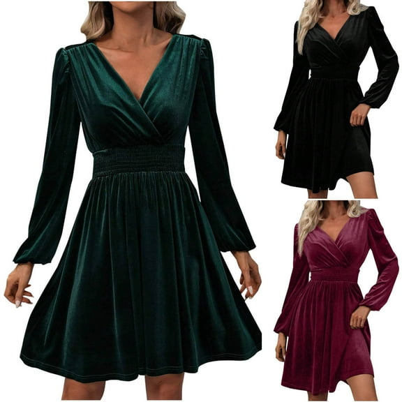 YHAJDS Women's Fall Winter Casual dress,Women Midi Dresses Long Sleeve Dress Women's Dresses Solid Color V-Neck Cuff Closure Waist Tie Fleece Fabric Knee-Length For Fall Winter