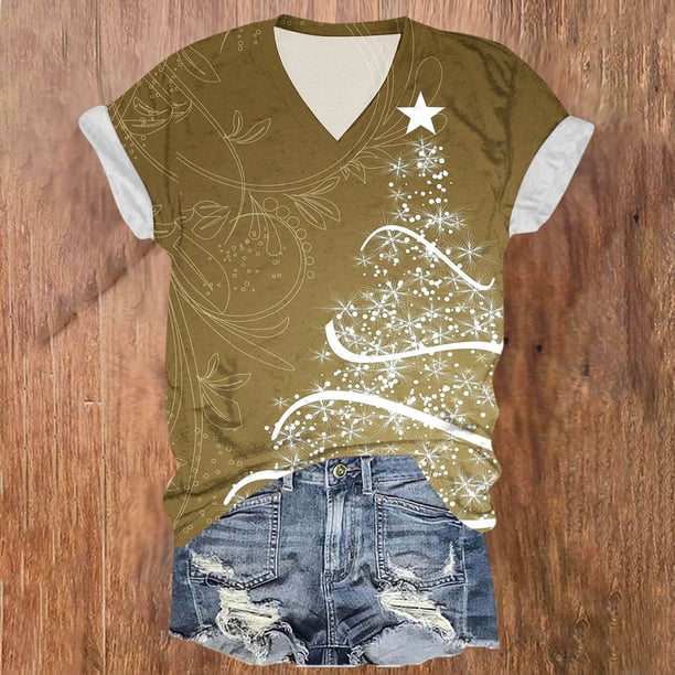 Puntoco Top de manga corta con cuello en V y estampado navideño para mujer