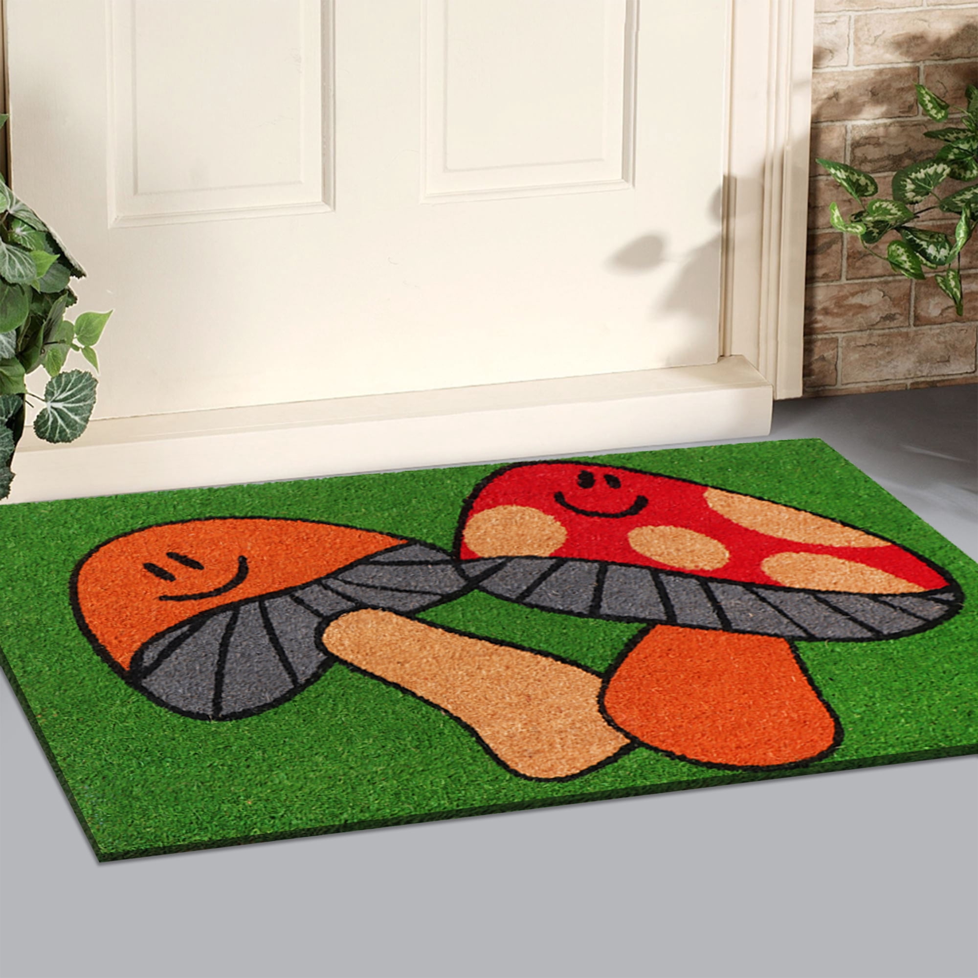 A1HC Dancing Mushroom Natural Coco Coir Doormat with Heavy-Duty Non-Slip PVC Backing, 18"x30", Durable Low-Profile Welcome Mat