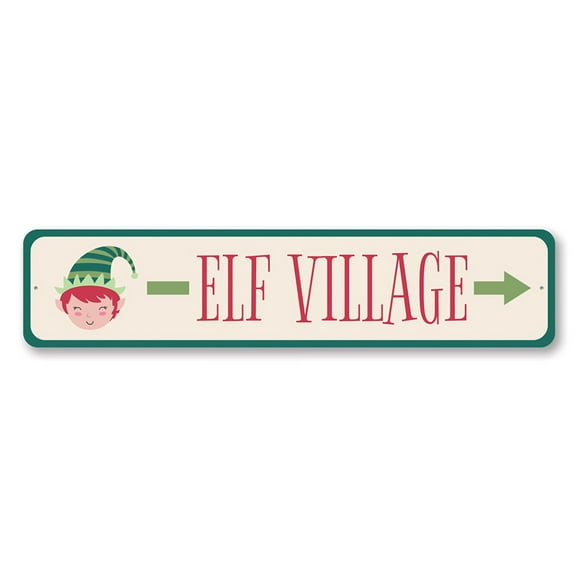 Elf Village This Way Holiday Decorative Sign, Christmas Aluminum Sign - 4x18 inches