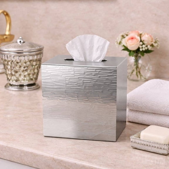 Tissue Box | Metropolitan Metal Square Facial Tissue Box Cover Holder | Shiny/Hammered Finish