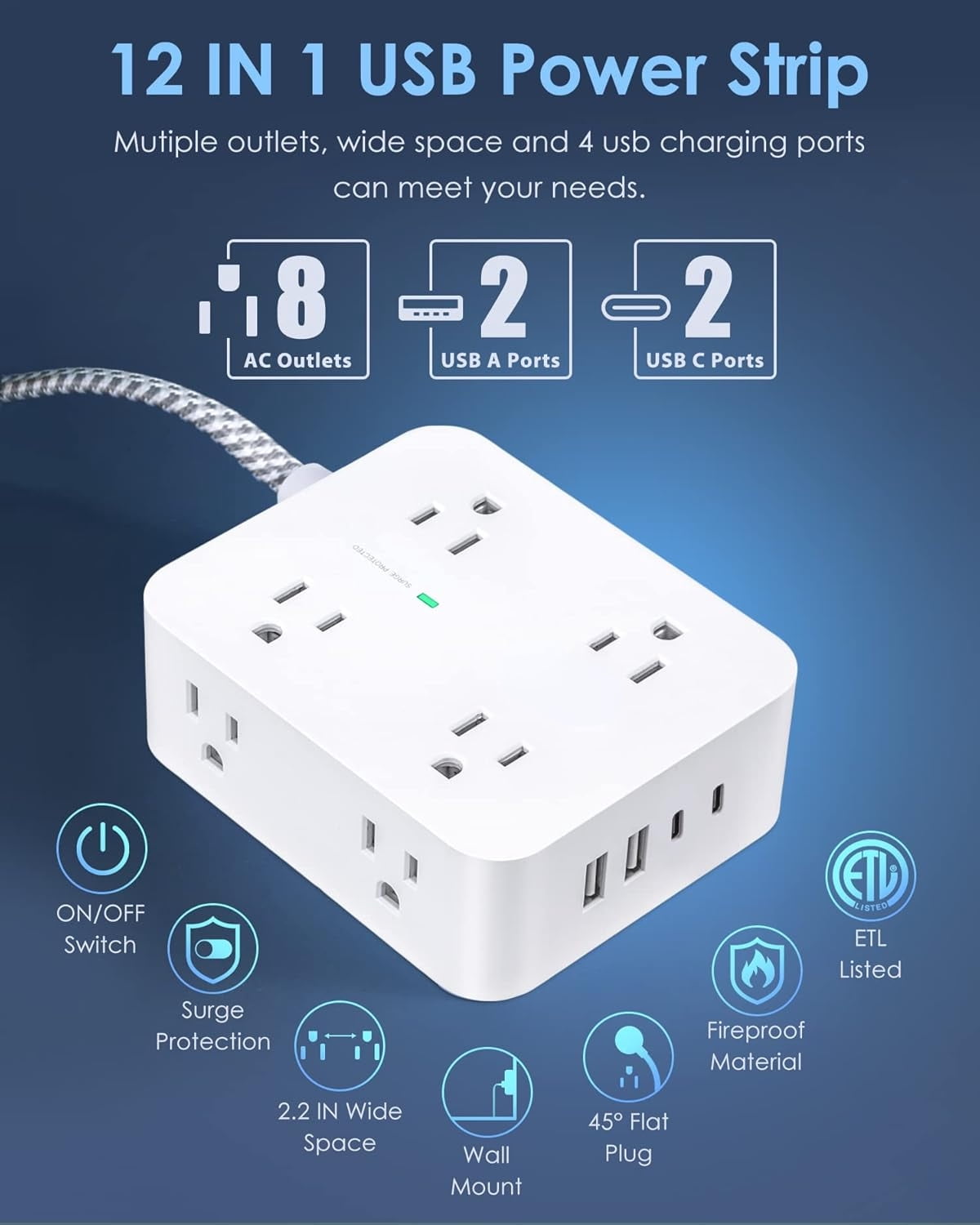 AllWays Plaza Extension Cord 20 Ft, Power Strip Surge Protector with 8 Outlets 4 USB Ports(2 USB C), Long Cord, Flat Plug, Wall Mount, Desk USB Charging Station for Home Office Essentials