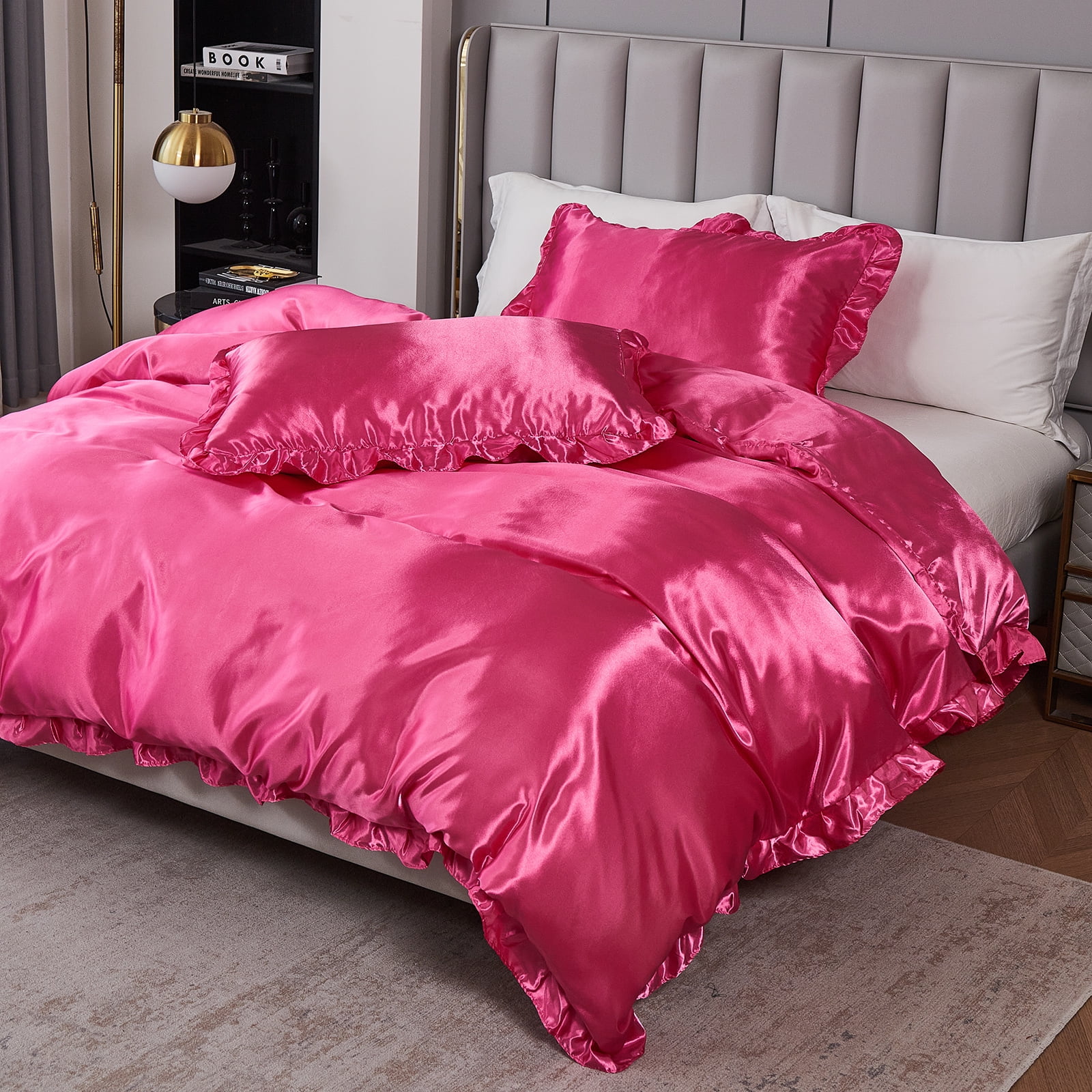 Move Over Hot Pink Ruffle Comforter Set King Satin Comforter Set Hot Pink Ruffle Design Solid Filling