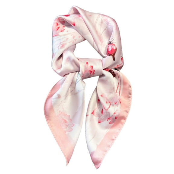 Women's Satin Square Scarf with Butterfly and Floral Print Lightweight Silky Neck Head or Bag Accessory - Pink