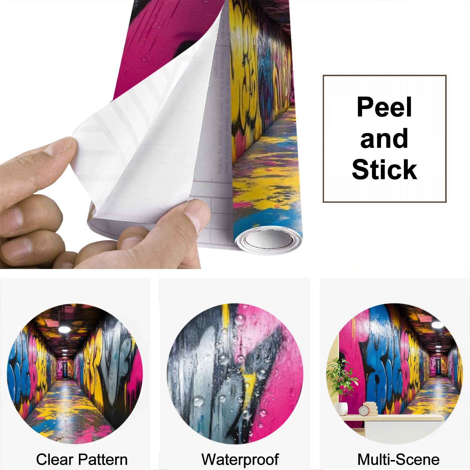 Peel and Stick Wallpaper Street Graffiti Colorful Graffiti Hip Hop Doodle Photo Neon Pink Modern Art Wall Mural Decor Self Adhesive and Removable 69in x 98in