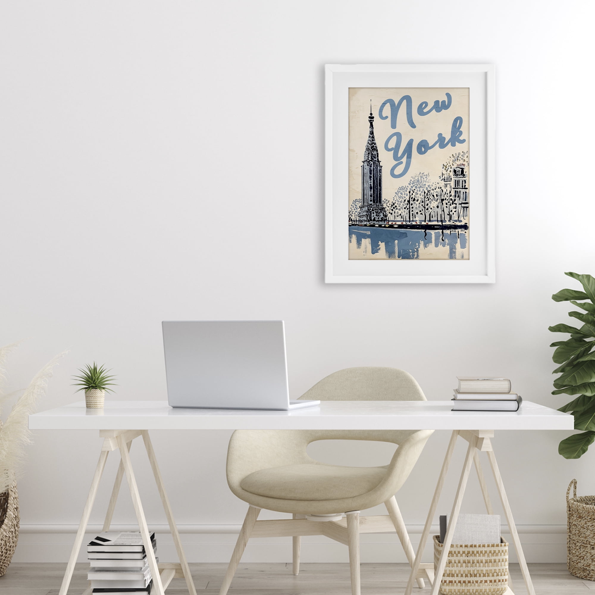 Stupell Industries Blue & Beige New York Travel White Framed Print Under Glass, design by Annabelle Hall