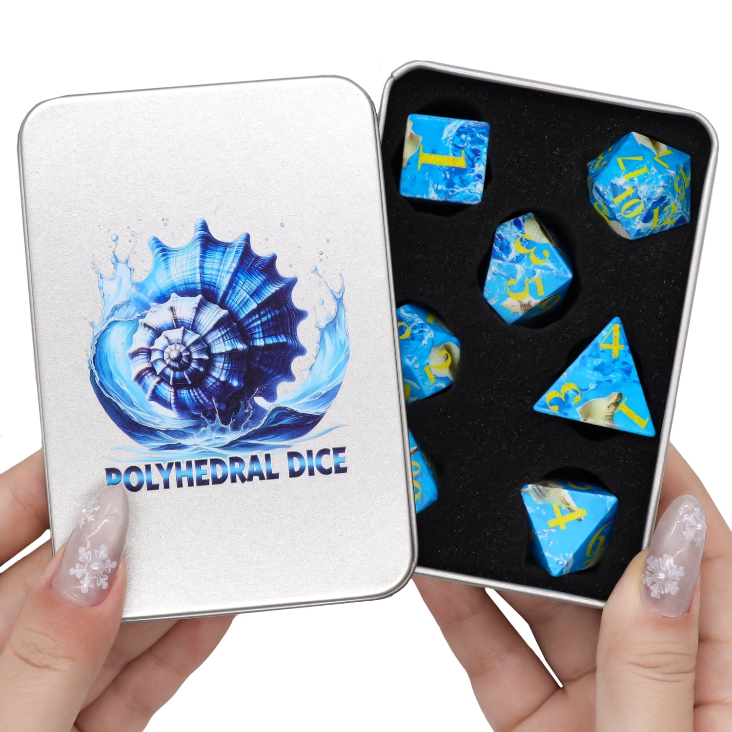 SWAJUJA DND Polyhedral Dice Set, 7 Pieces, Ocean Blue with Gold Numbers, White Conch Design
