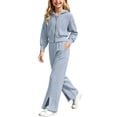 thumbnail image 4 of CYRBOKO Sweaters Outfit Sets for Girls, Fall Winter Zipper Casual Long Sleeve Hooded Tops and Flared Pants Gray Size 2-3 T, 4 of 6
