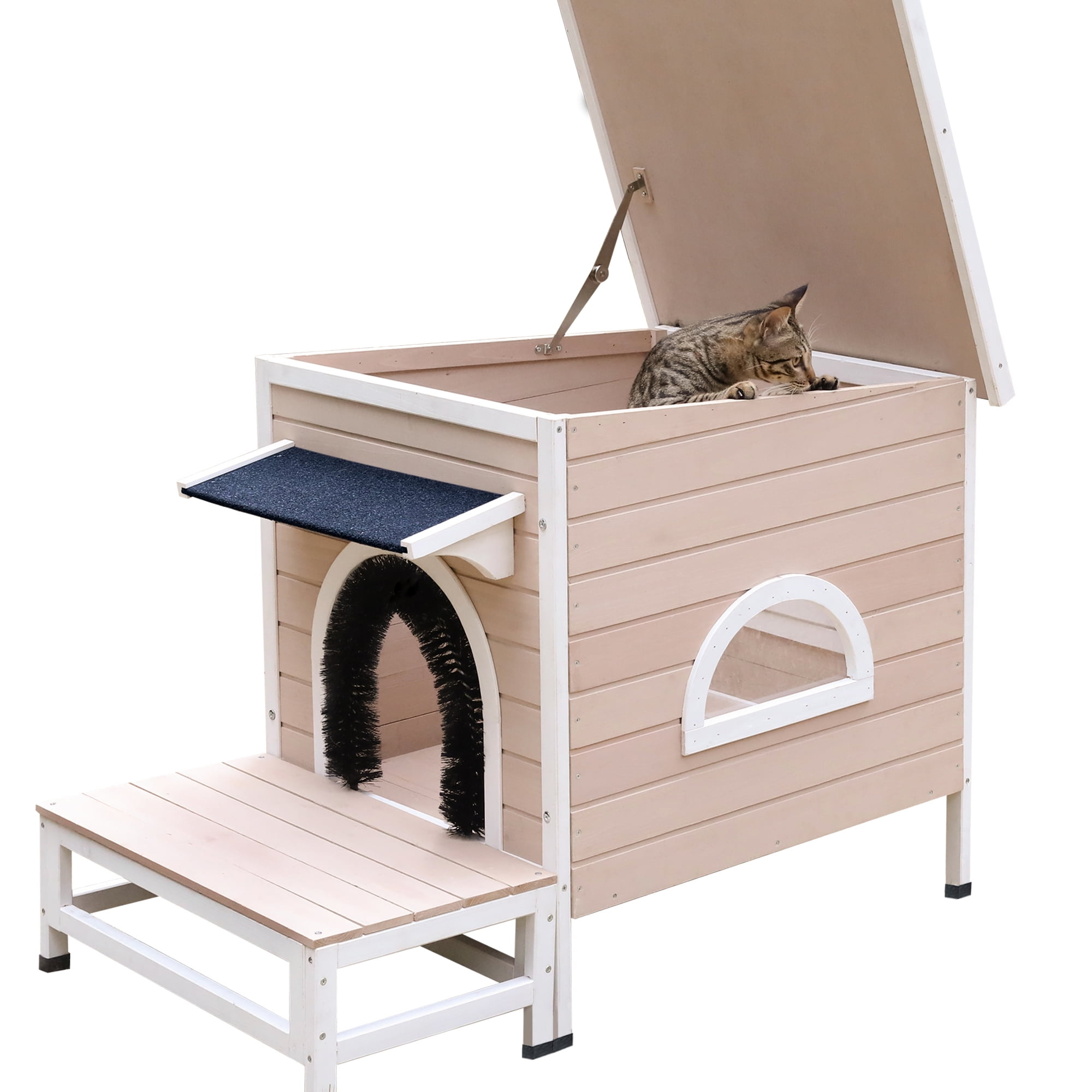 Resenkos Outdoor Indoor Wooden Cat House, Waterproof Small Animal Shelter