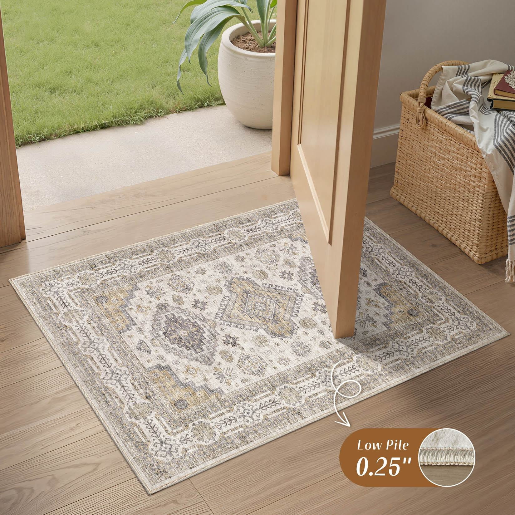 UERMEI 2'x3' Washable Area Rugs for Entryway, Modern and Vintage Non Slip Carpet, Low Pile Indoor Rug for Bathroom Home Decor Carpets, Beige Brown