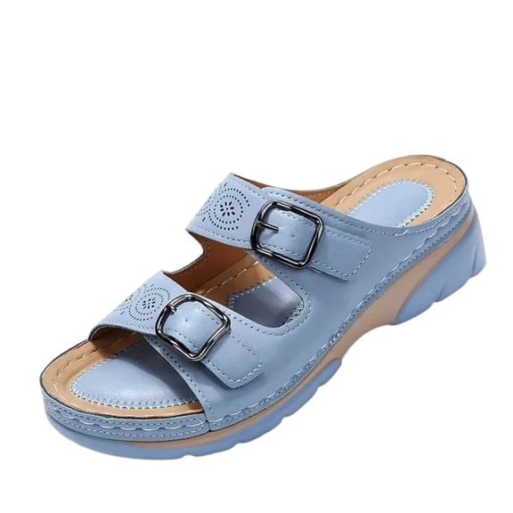 Domuza Womens Orthopedic Sandals Non Slip Slip on Arch Support Flat Wedge Sandals Lightweight Hiking Shoes 2026 New Soft Foam Shoes Light Blue 7(EU-38)