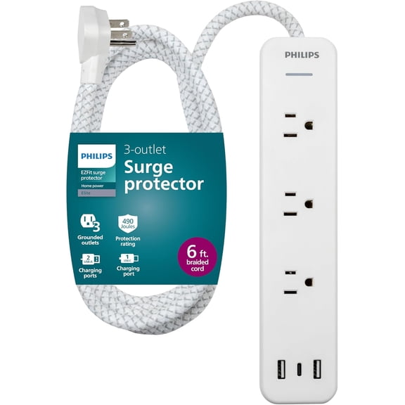 EZFit 3-Outlet Adapter-Spaced Sur Protector, 6ft Braided Cord, Power Strip, Extension Cord with 2 USB-A and 1 USB-C, 490J, White, SPP3863W/37