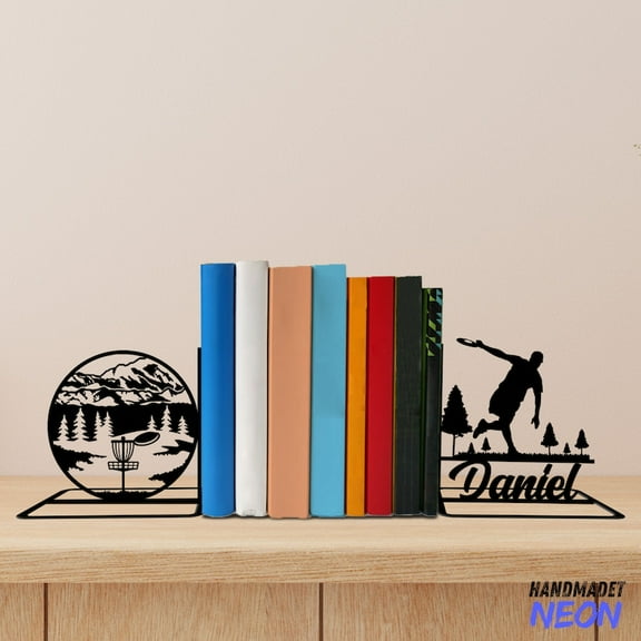Handmadetneonsign Disc Golf Metal Bookends, Disc Golf Name Bookend, Disc Golf Table Bookshelf Decor 045174