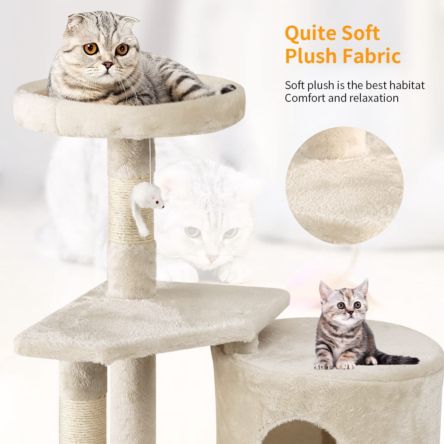 NiamVelo 36 Inch Cat Tree Cat Tower for Small Cats, Plush Multi-Level Cat Condo with Scratch Post Kittens Playhouse Furniture Set, Beige