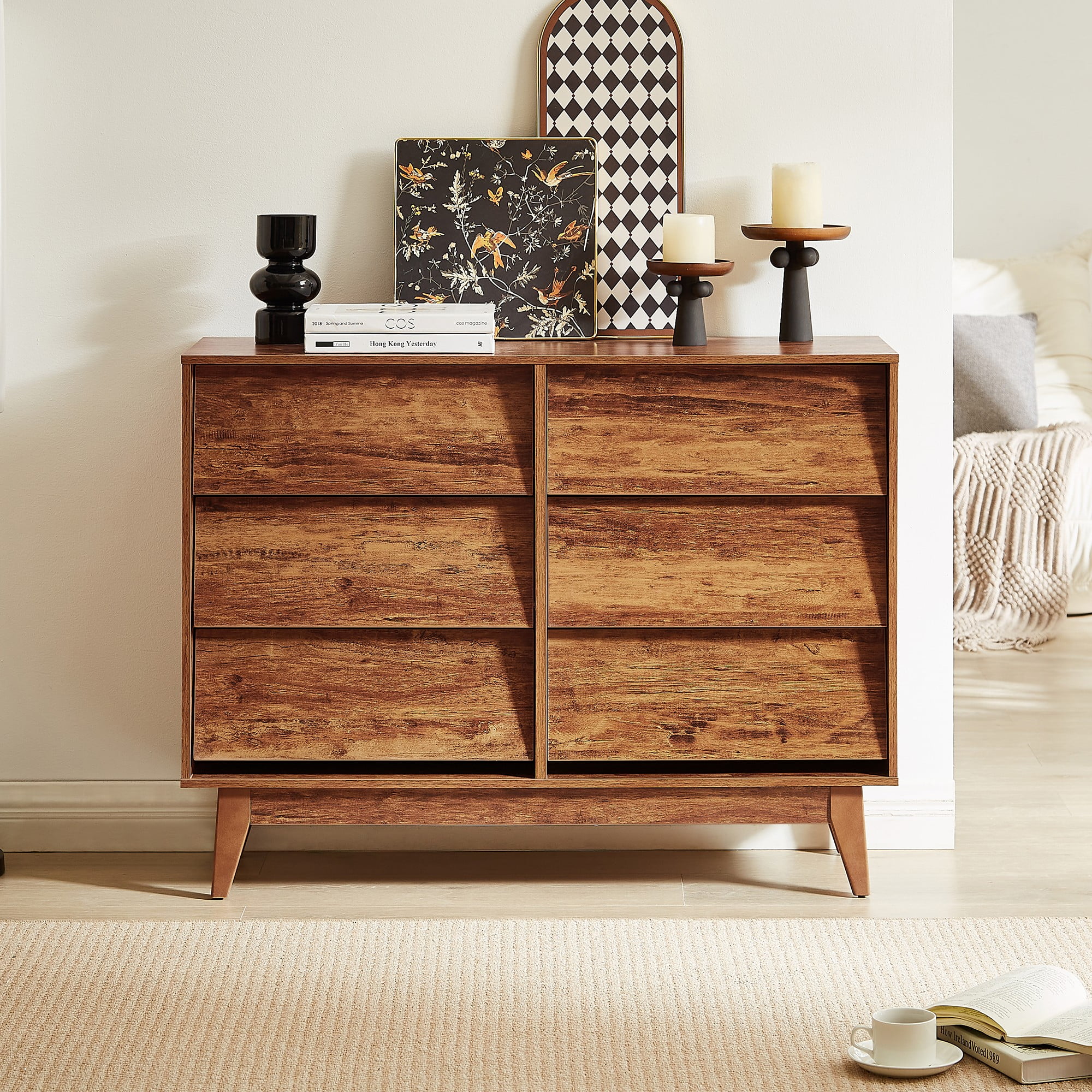 Finihen 6 Drawer Double Dresser Features Vintage-style and Bevel Design, Dresser For Nursery, Kids, Chest Of Drawers, Brown Finihen 6 Drawer Double Dresser Features Vintage-style and Bevel Design, Dresser For Nursery, Kids, Chest Of Drawers, Brown