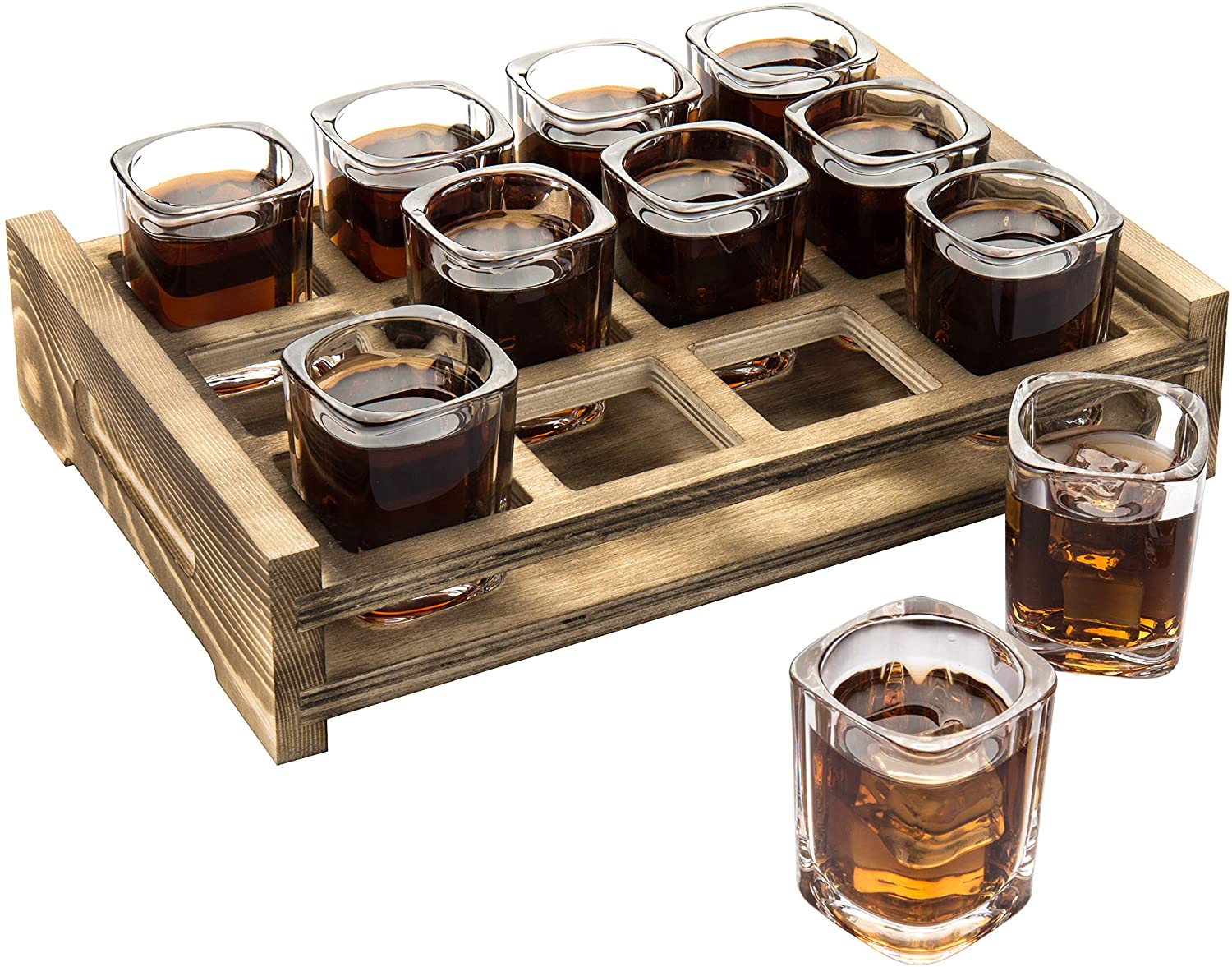 MyGift Rectangular Burnt Wood Tray with 12 Shot Glass, Brown - image 1 of 6