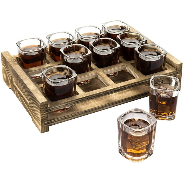 MyGift Rectangular Burnt Wood Tray with 12 Shot Glass, Brown