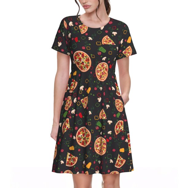 Balery Pizzas Mushrooms Vestidos sueltos de manga corta para mujer, vestidos de verano 2025, vestidos casuales de corte A con vuelo.