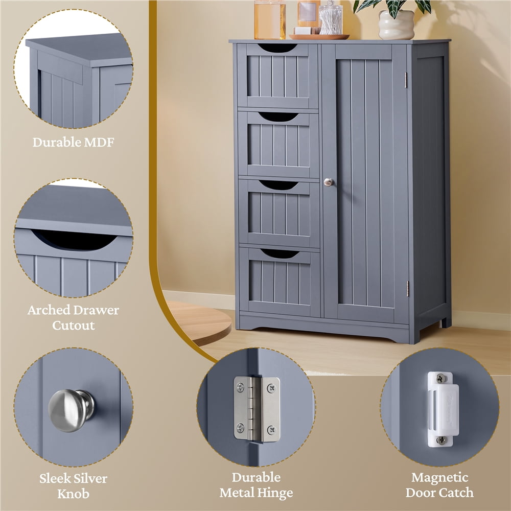 Yaheetech 4 Drawers Wooden Bathroom Storage Cabinet, Gray