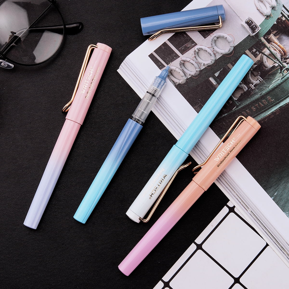 WRITECH Liquid Ink Rollerball Pens: 0.5mm Black Pens Quick Dry No Bleed Roller Pens Pack of 8(Gradient)