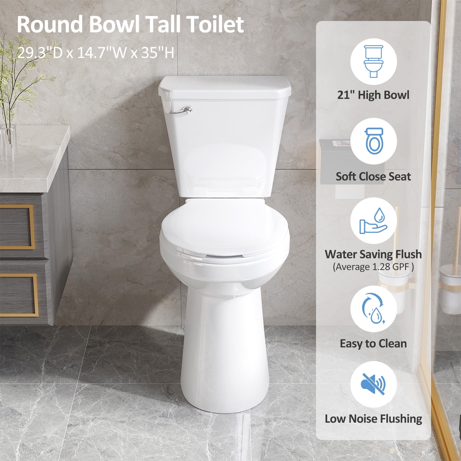 SUPERFLO  21  Inch Tall Toilet for Seniors,  ADA Elongated Height Toilet with Comfort Chair Seat, Extra Tall Toilets with 1.28 Gpf Powerful Single Flush, 12 Inch Rough In for Bathrooms &Tall Person
