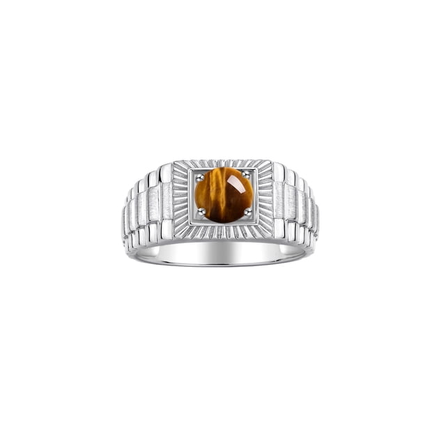 RYLOS Men's Ring Sterling Silver Ring, 7MM Round Shape Gemstone Designer Style Rings Tiger Eye November Birthstone Rings Silver Size 13