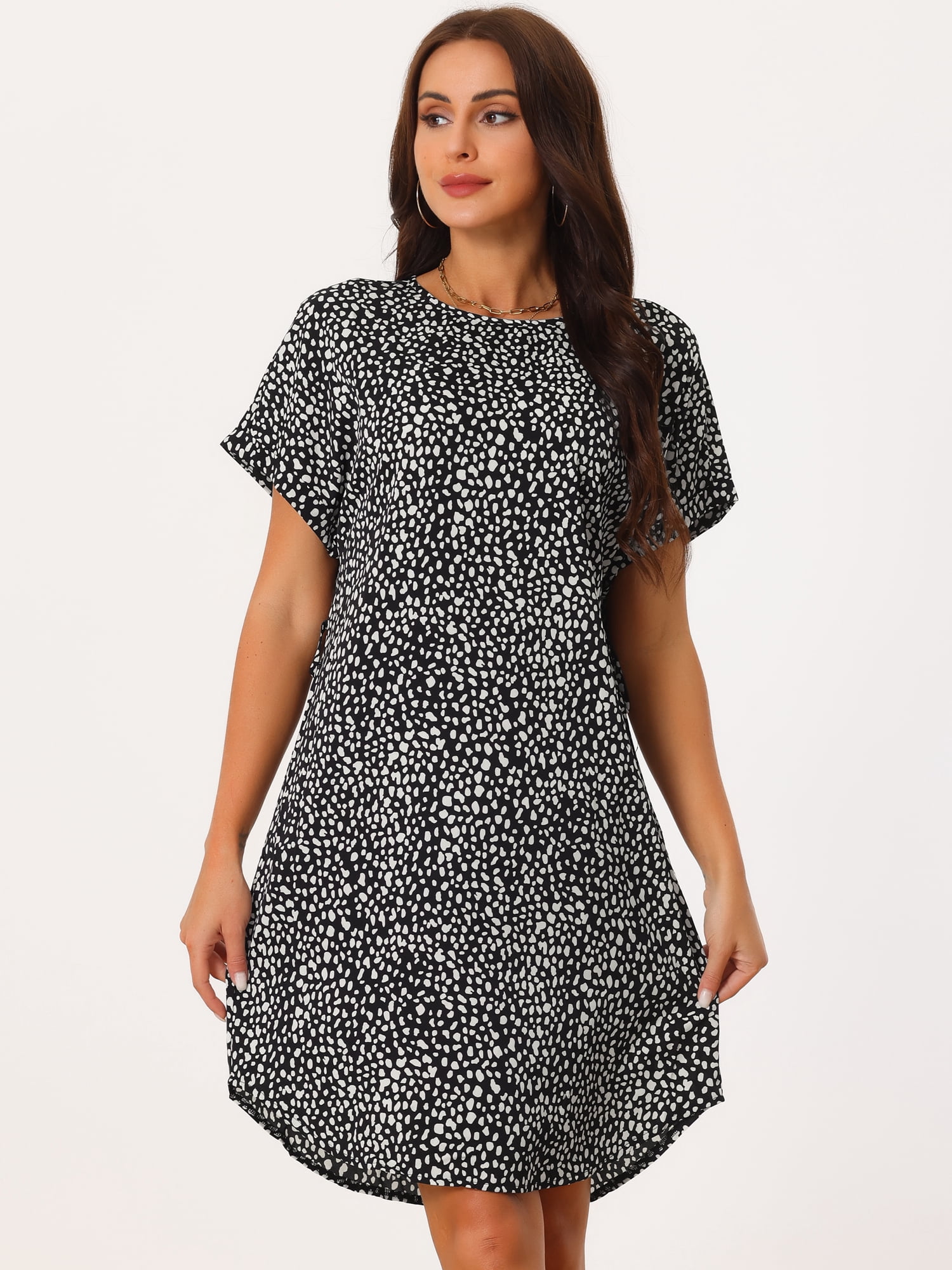 DARING DIVA Women's Crewneck Tie Waist Casual Polka Dots Dress S Black