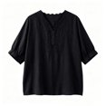 thumbnail image 6 of Womens Embroidered Cotton Linen Tops Summer Casual Boho Linen Mid Cuffed Sleeve Shirts V Neck Vacation Work Daily Blouses, XL, 6 of 8