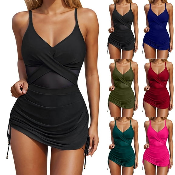 GERsome Womens One Piece Swim Dress Tummy Control Swimsuits Slimming Mesh Sheer Sarong Wraps Bathing Suit S-2XL